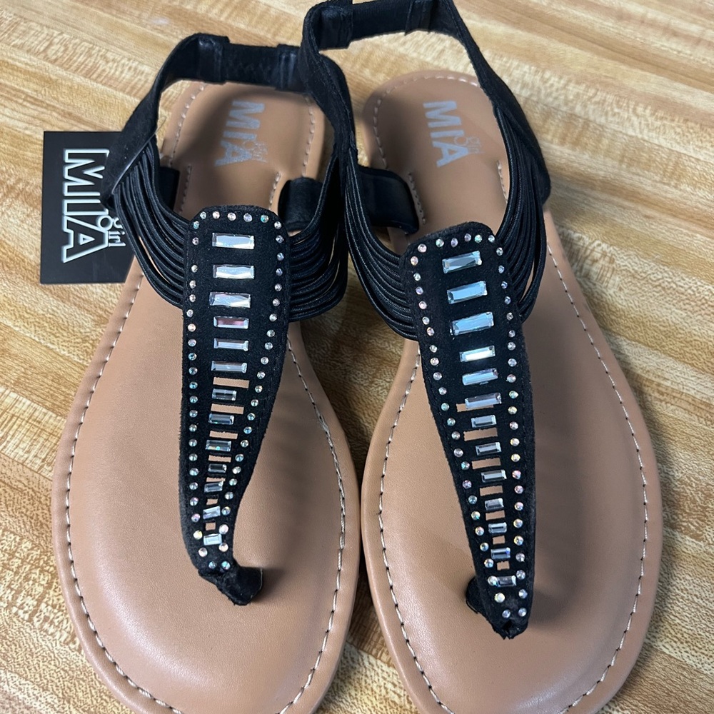 MIA Black Rhinestone T-Strap Sandals with Tan Footbed